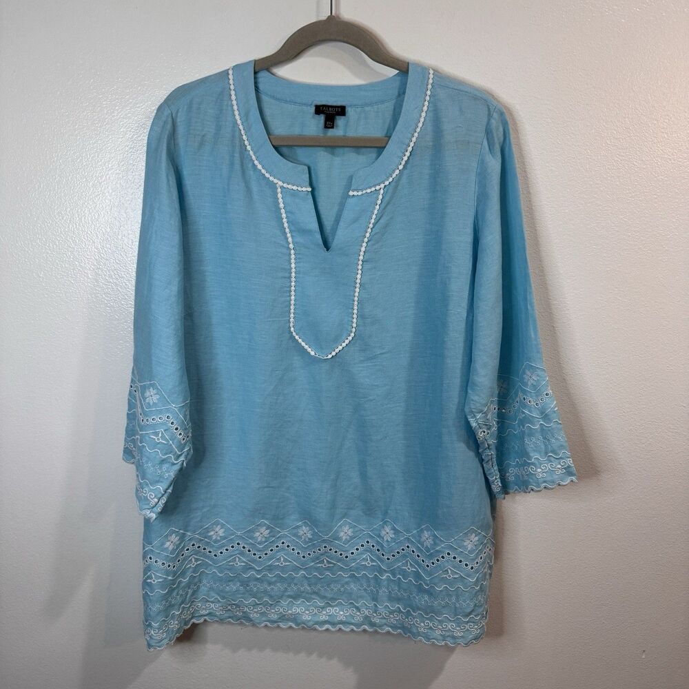 Talbots Tunic Shirt 2XP Petite 100% Linen Embroidered Eyelet Lace Turquoise Blue